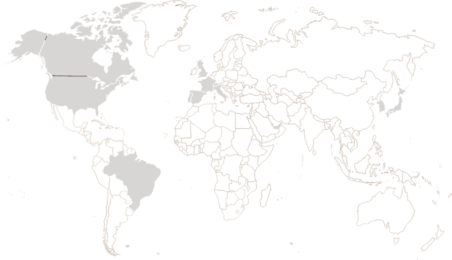 World map highlighting where Elite Marketing has clients: the United States, Canada, Brazil, England, France, Italy, South Korea, Japan, the United Arab Emirates, Portugal, Switzerland and Spain.